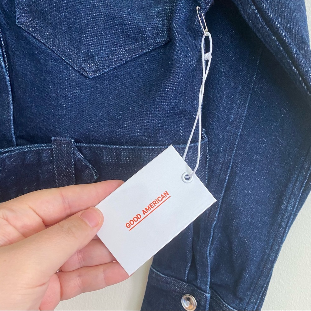 Good American The 70s Icon Belted Cropped Denim Jacket Deep Blue 0 XS NWT - Picture 11 of 16